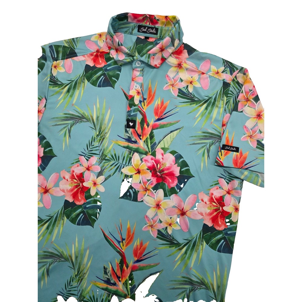 Bad Birdie Polo Shirt Mens Blue Tropical‎ Hawaiian Performance Golf - L